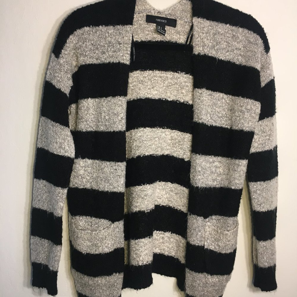 Cozy Forever 21 Grey and Black Striped Cardigan